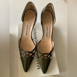 Manolo Blahnik Patent Moss Green 3.5 inch Heels